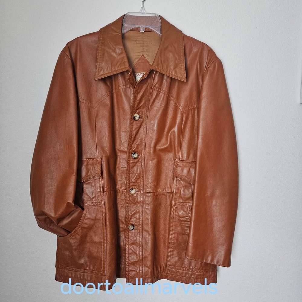 McGregor Spain Vintage 1970s Leather Jacket Overcoat Western Men sz Med? Large?